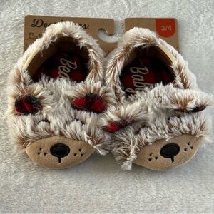 Dearfoams Fluffy Bear Baby Slippers with Plaid Accents Size 3-4 New